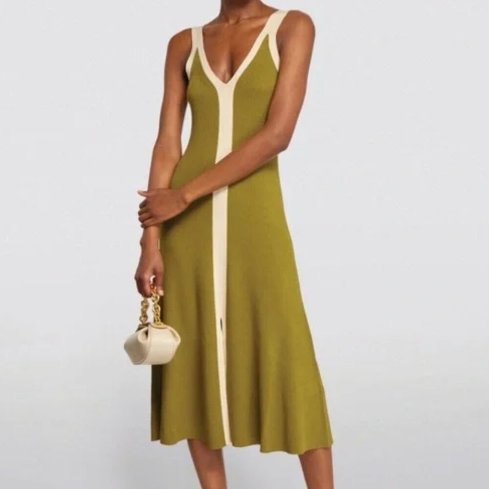 SANDRO - Olive and Ivory, Two-tone, Stretch Woven Midi Dress - US 8